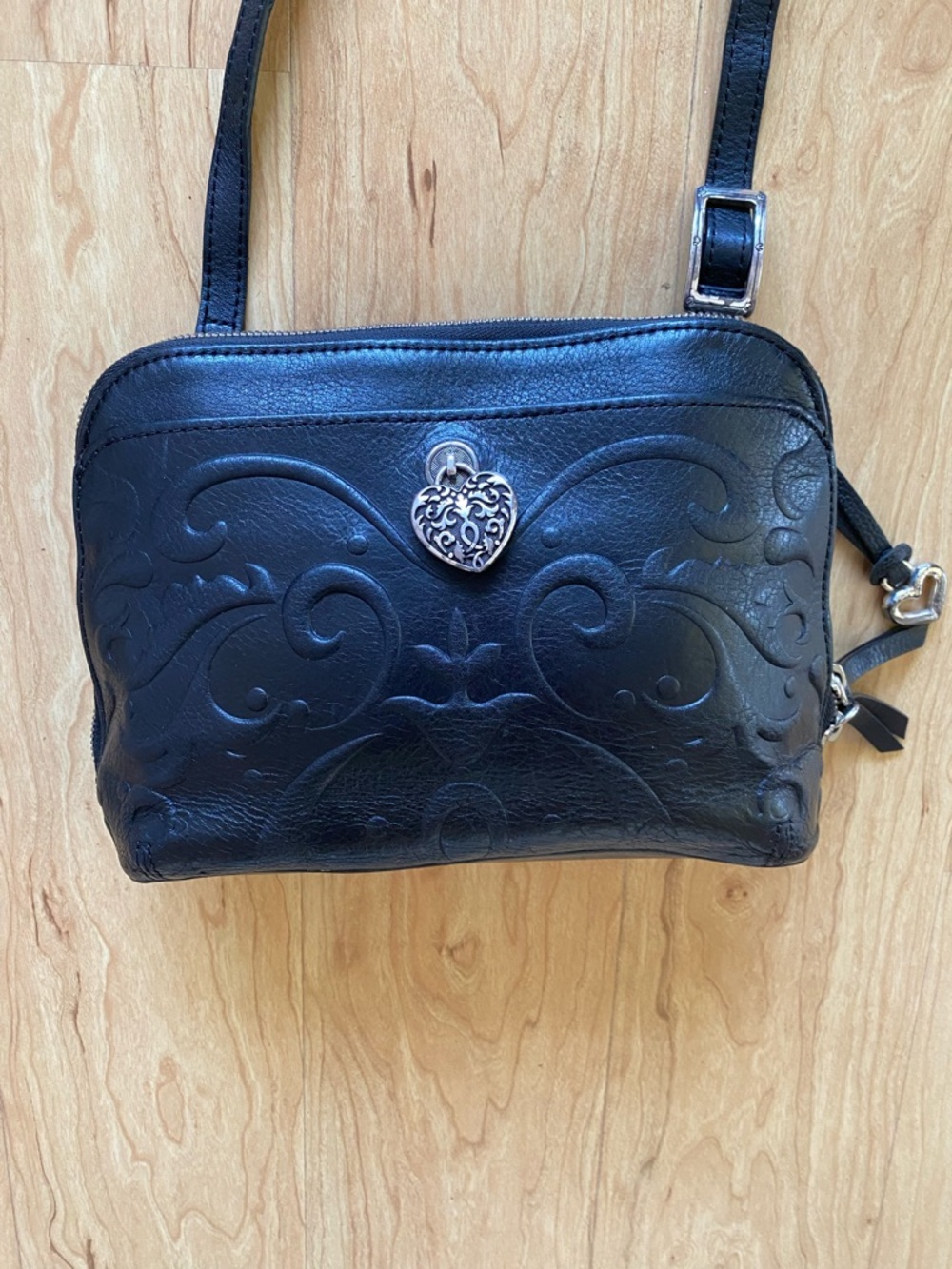Brighton Black Leather Crossbody with Heart Medallion
